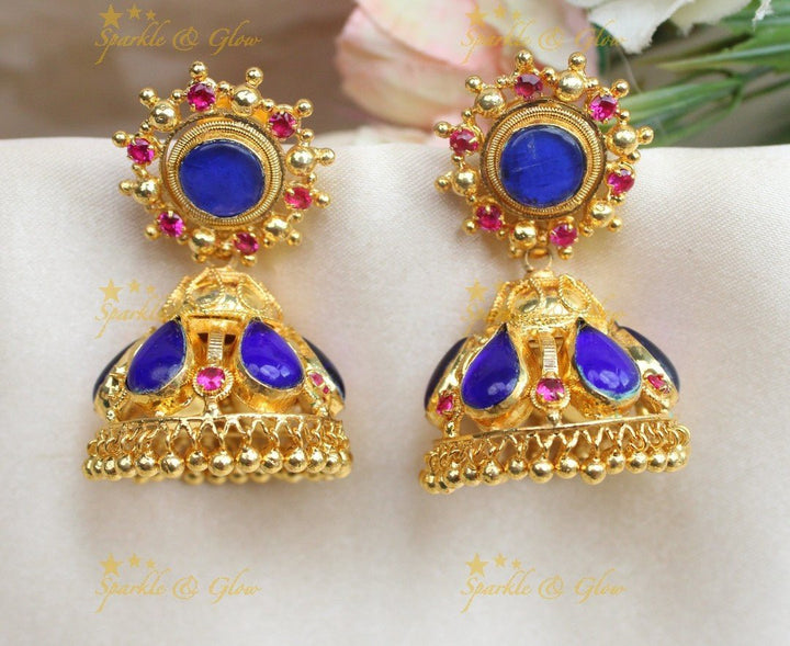 Elegant Kerala style Palaka Jhumka - Sparkle and Glow - Royal blue - 
