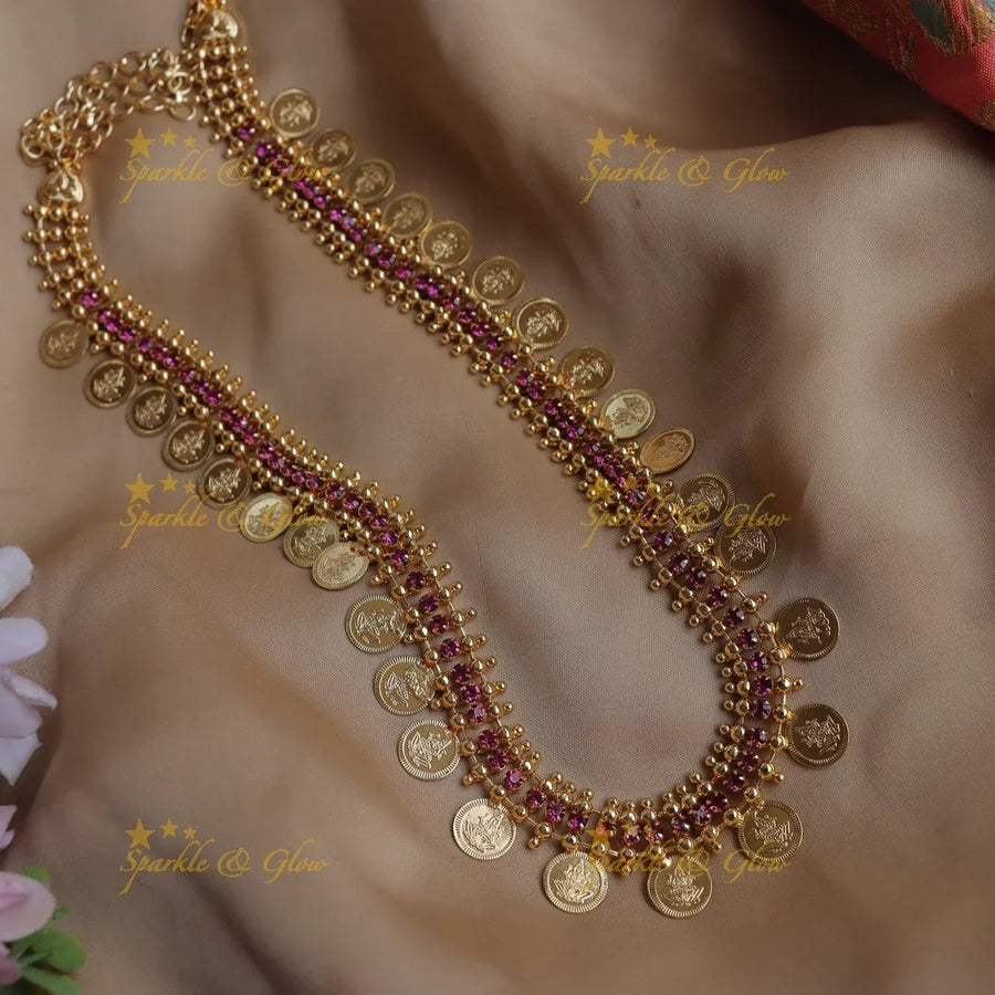 Traditional Kerala style Gold alike Coin Haram Necklace with Ruby Accents - Sparkle and Glow