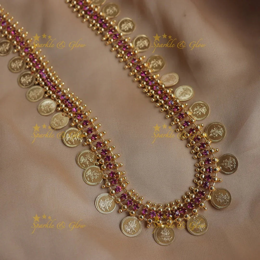 Traditional Kerala style Gold alike Coin Haram Necklace with Ruby Accents - Sparkle and Glow