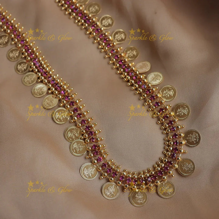 Traditional Kerala style Gold alike Coin Haram Necklace with Ruby Accents - Sparkle and Glow