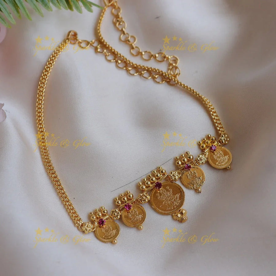 Elegant Kerala style Lakshmi Coin Choker Necklace with Ruby Accents - Sparkle and Glow