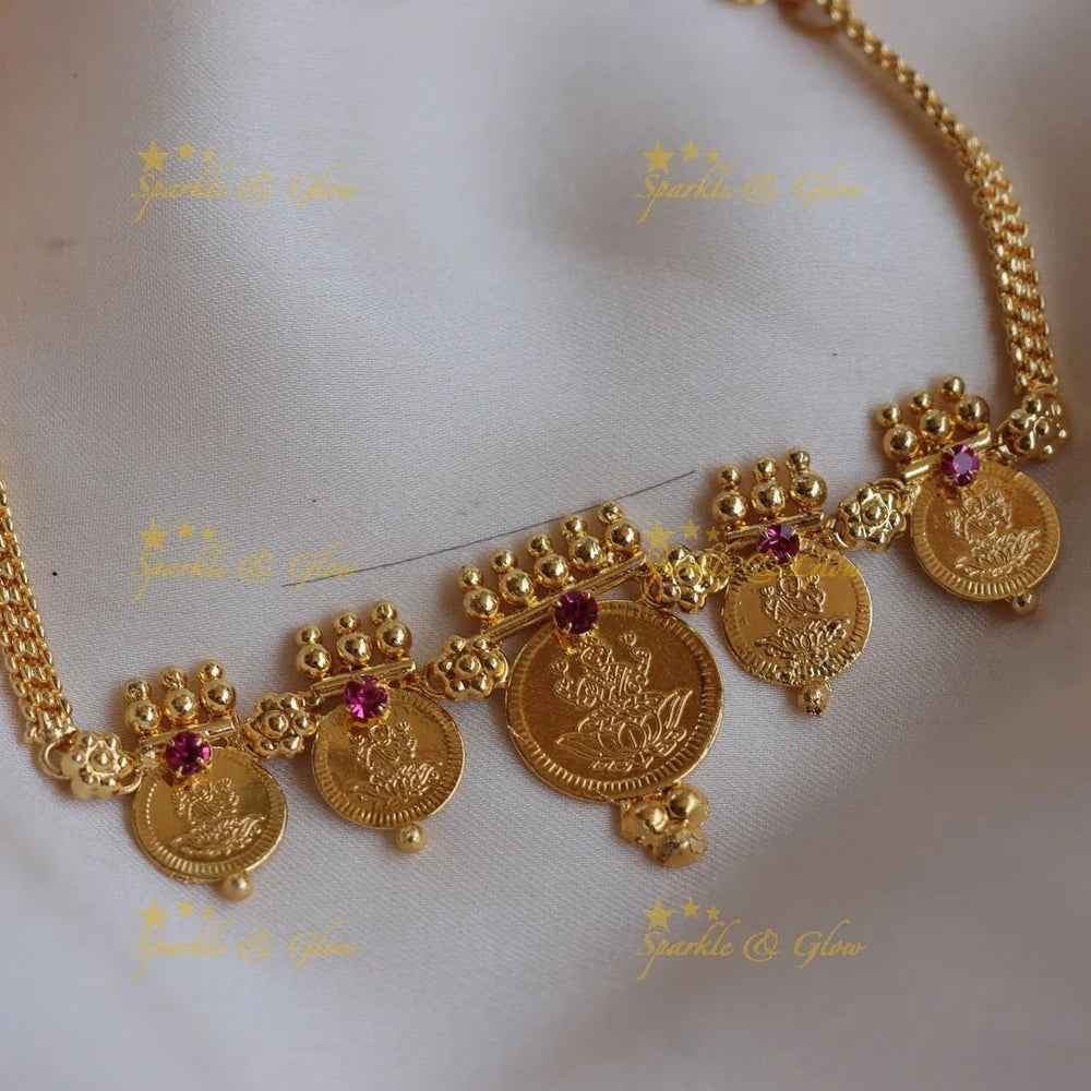 Elegant Kerala style Lakshmi Coin Choker Necklace with Ruby Accents - Sparkle and Glow