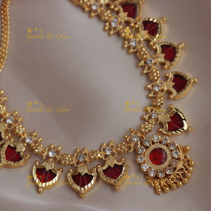 Elegant Kerala style Gold - alike Palaka Necklace with Red & White Stones - Sparkle and Glow - 