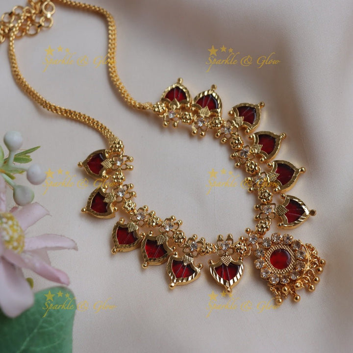 Elegant Kerala style Gold - alike Palaka Necklace with Red & White Stones - Sparkle and Glow - 