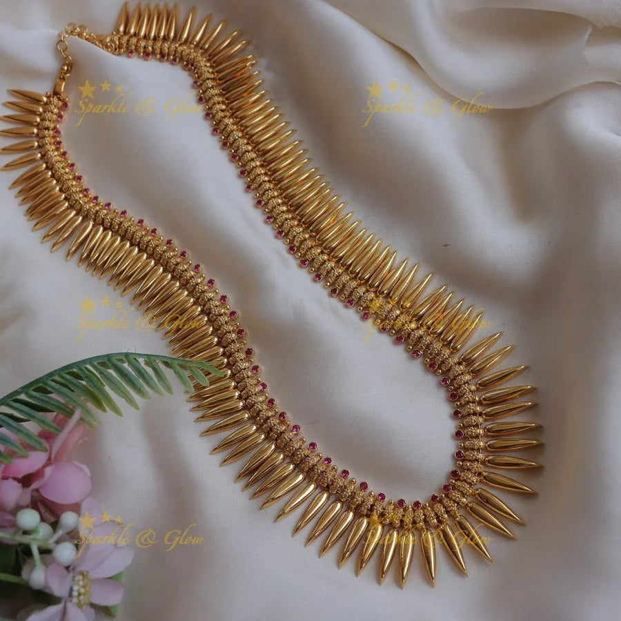 Elegant Kerala style Gold-alike Spike Long Necklace with Ruby Accents - Sparkle and Glow