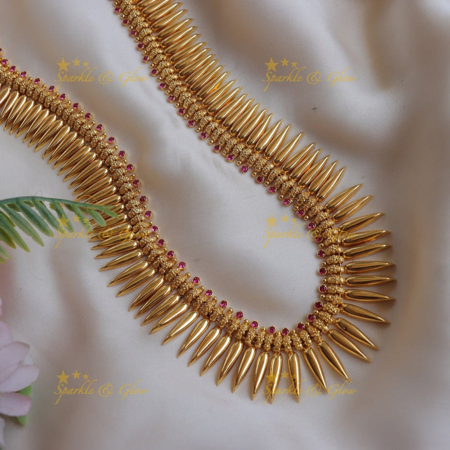 Elegant Kerala style Gold - alike Spike Long Necklace with Ruby Accents - Sparkle and Glow - 