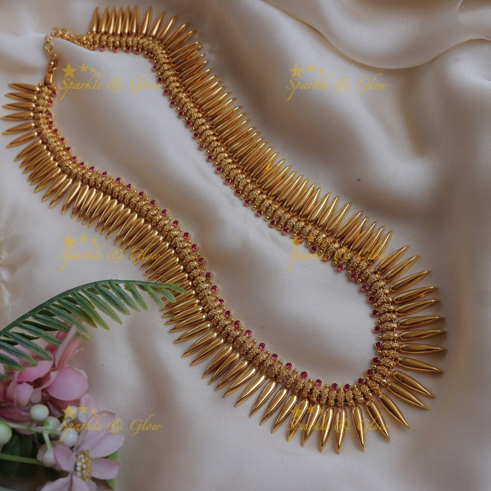 Elegant Kerala style Gold - alike Spike Long Necklace with Ruby Accents - Sparkle and Glow - 