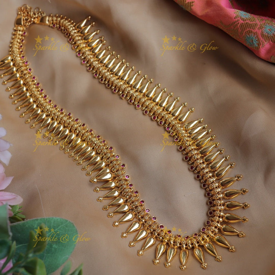 Royal Gold - alike Spike Long Necklace with Ruby Accents - Sparkle and Glow - 