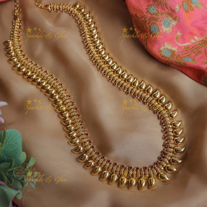 Mango Motif Long Necklace with Ruby in Gold