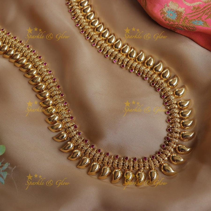 Elegant Gold - alike Kerala style Mango Long Necklace with Ruby Accents - Sparkle and Glow - 