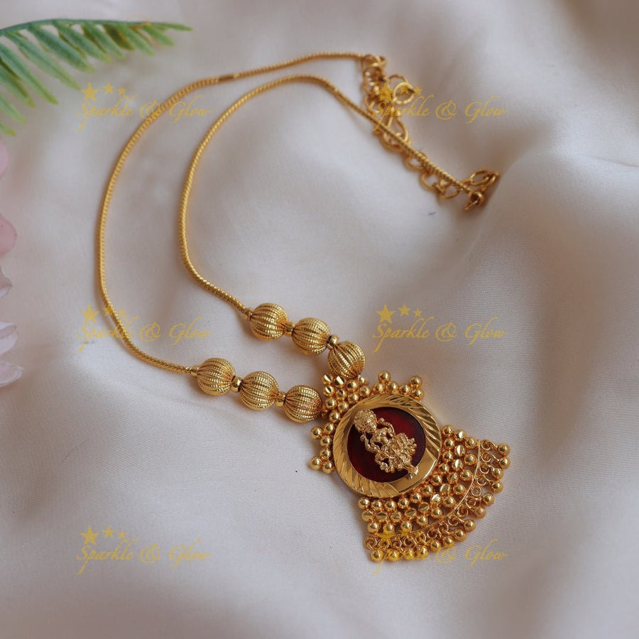 Stunning Kerala style Gold - alike Lakshmi pendant Temple short Necklace - Sparkle and Glow - Red - 