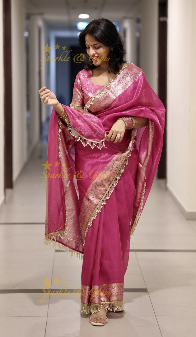 Hot Pink Banarasi Tissue Soft Silk Saree with Golden Zari Border & Fringe Pallu
