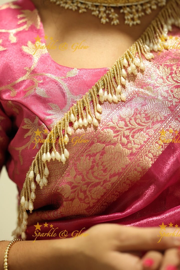 Hot Pink Banarasi Tissue Soft Silk Saree with Golden Zari Border & Fringe Pallu - Sparkle and Glow - 