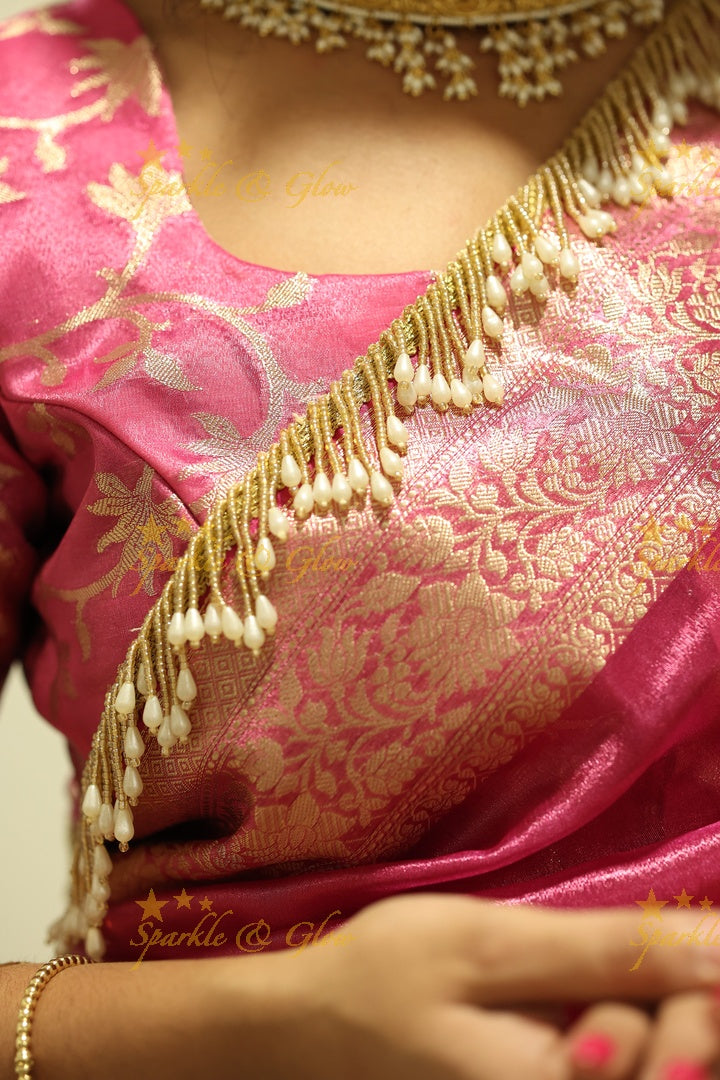 Hot Pink Banarasi Tissue Soft Silk Saree with Golden Zari Border & Fringe Pallu