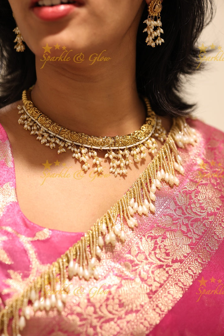 Hot Pink Banarasi Tissue Soft Silk Saree with Golden Zari Border & Fringe Pallu