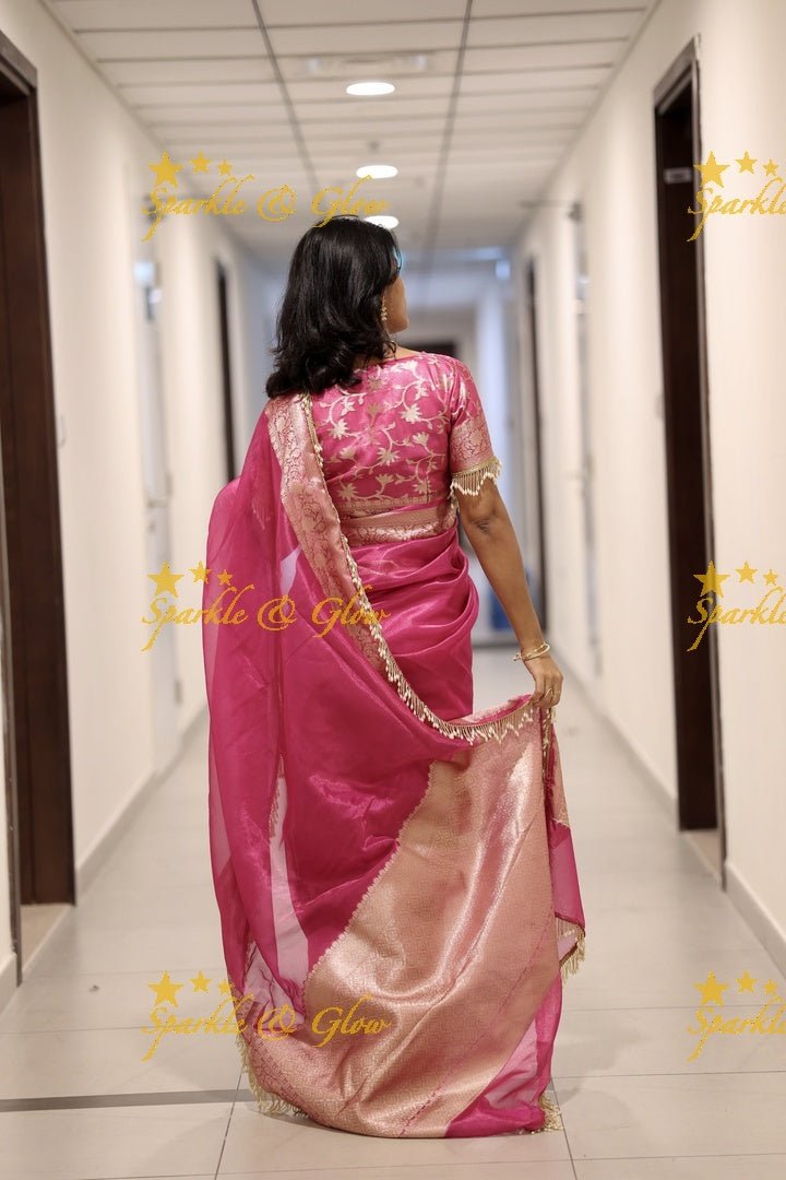 Hot Pink Banarasi Tissue Soft Silk Saree with Golden Zari Border & Fringe Pallu - Sparkle and Glow - 