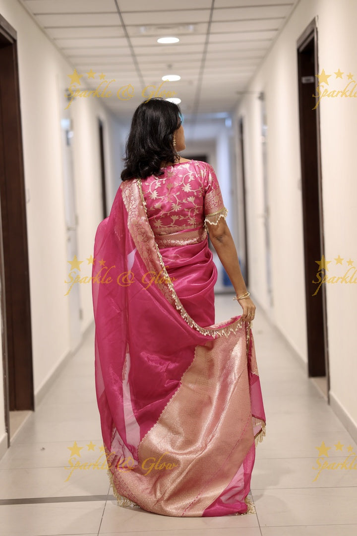 Hot Pink Banarasi Tissue Soft Silk Saree with Golden Zari Border & Fringe Pallu