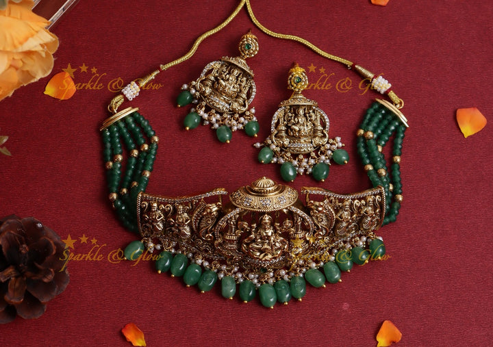 Grand Lakshmi Temple Choker Set with Green Beads