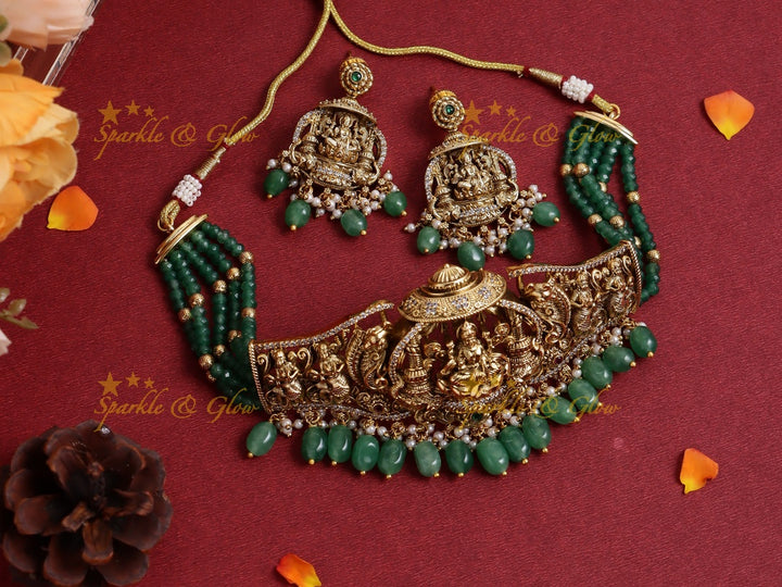 Grand Lakshmi Temple Choker Set with Green Beads