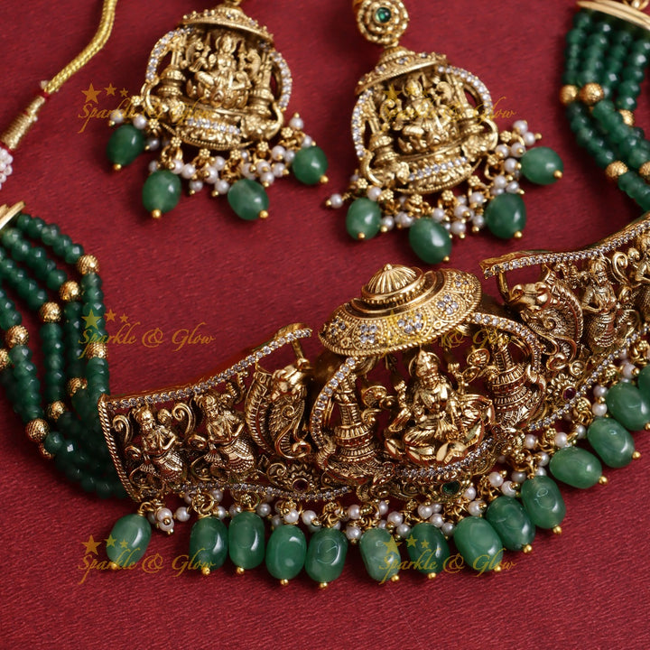 Grand Lakshmi Temple Choker Set with Green Beads