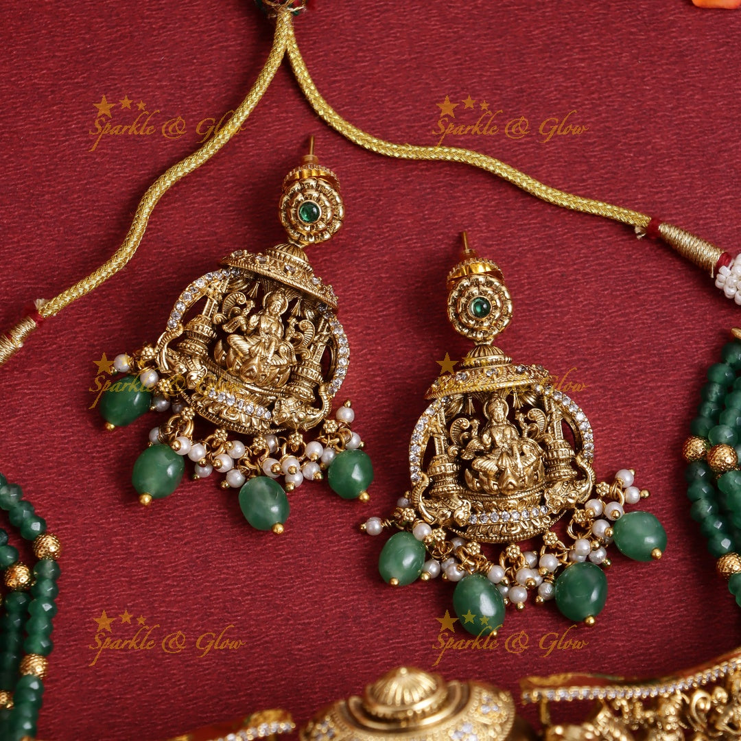 Grand Lakshmi Temple Choker Set with Green Beads