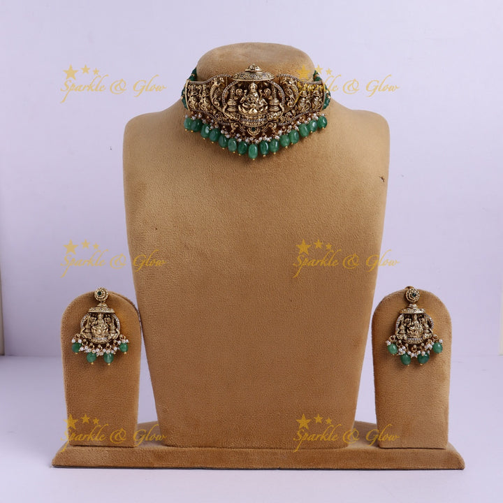 Grand Lakshmi Temple Choker Set with Green Beads