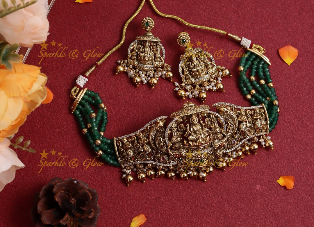 Grand Lakshmi Temple Choker Set with Green Beads