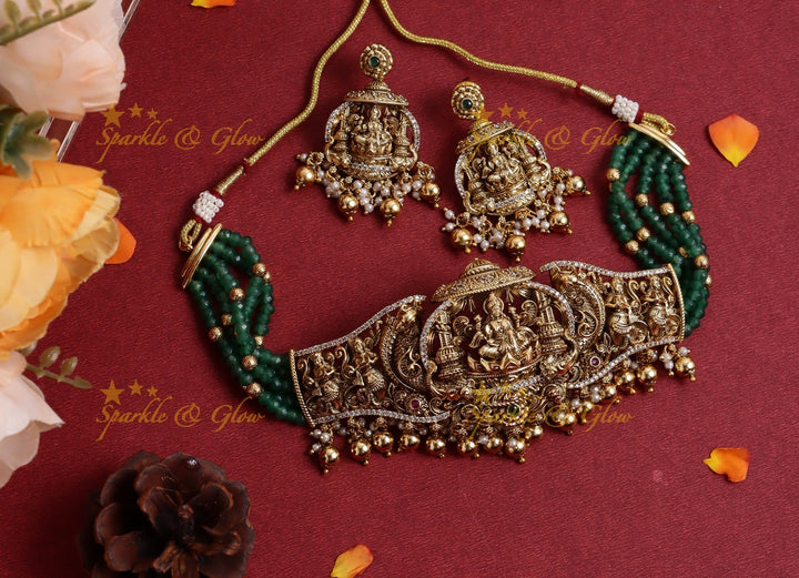 Grand Lakshmi Temple Choker Set with Green Beads