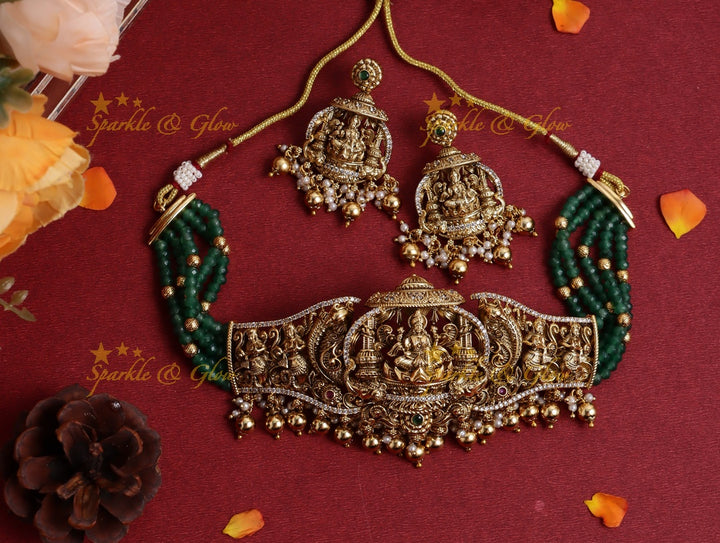 Grand Lakshmi Temple Choker Set with Green Beads