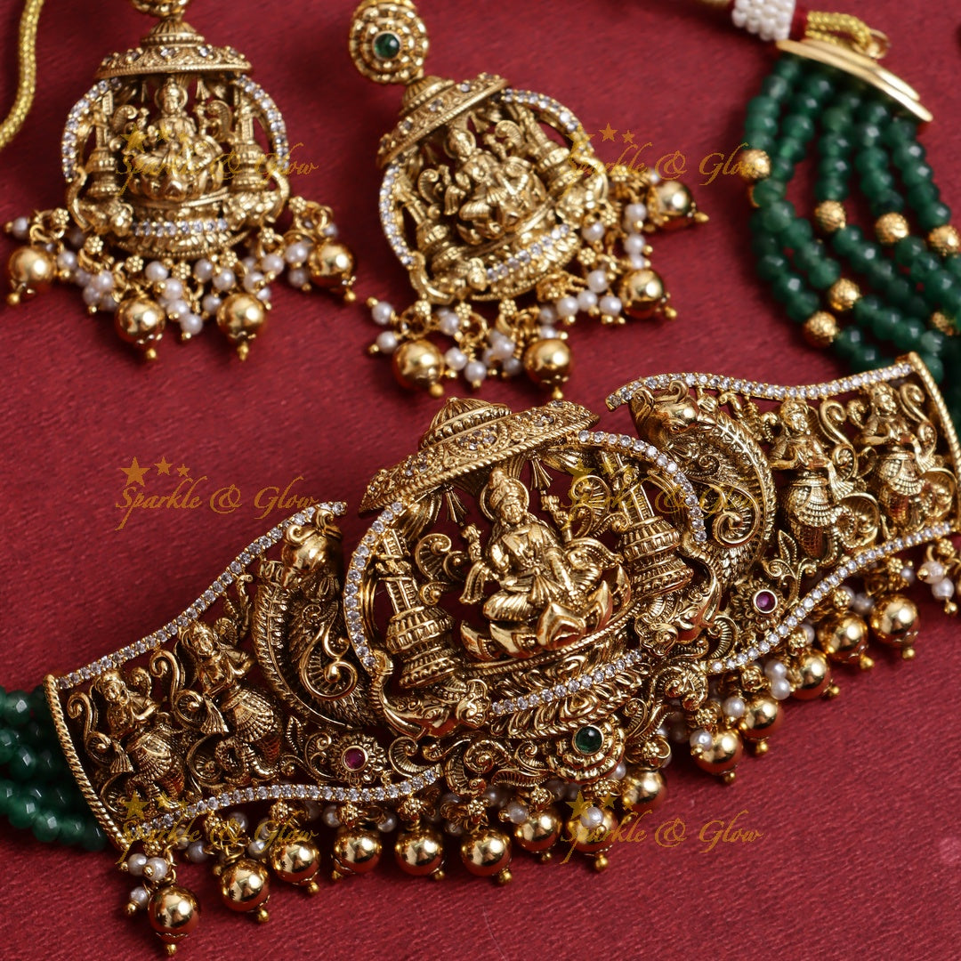 Grand Lakshmi Temple Choker Set with Green Beads