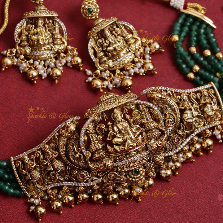 Grand Lakshmi Temple Choker Set with Green Beads