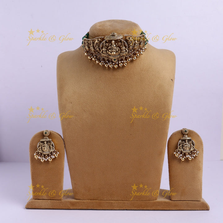 Grand Lakshmi Temple Choker Set with Green Beads