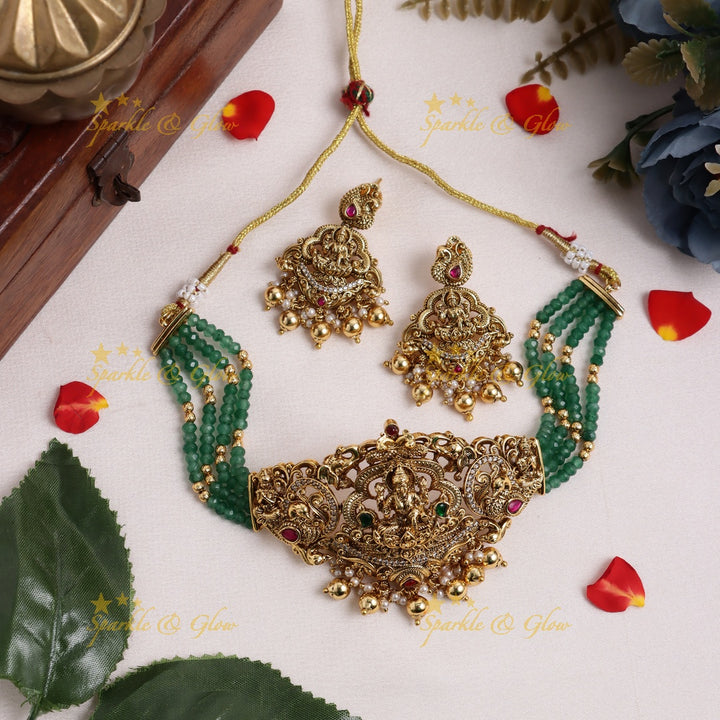 Traditional Lakshmi Temple Choker Set with Gold Balls & Green Beads