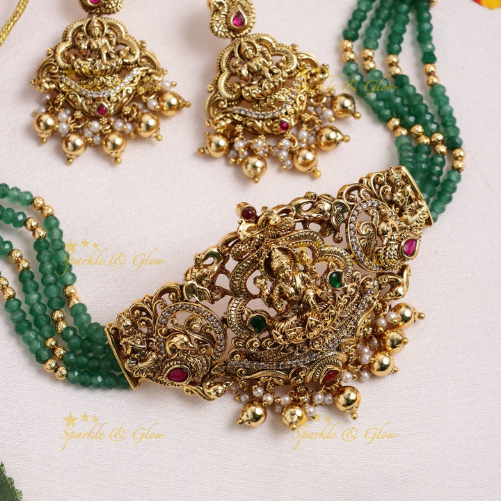 Traditional Lakshmi Temple Choker Set with Gold Balls & Green Beads