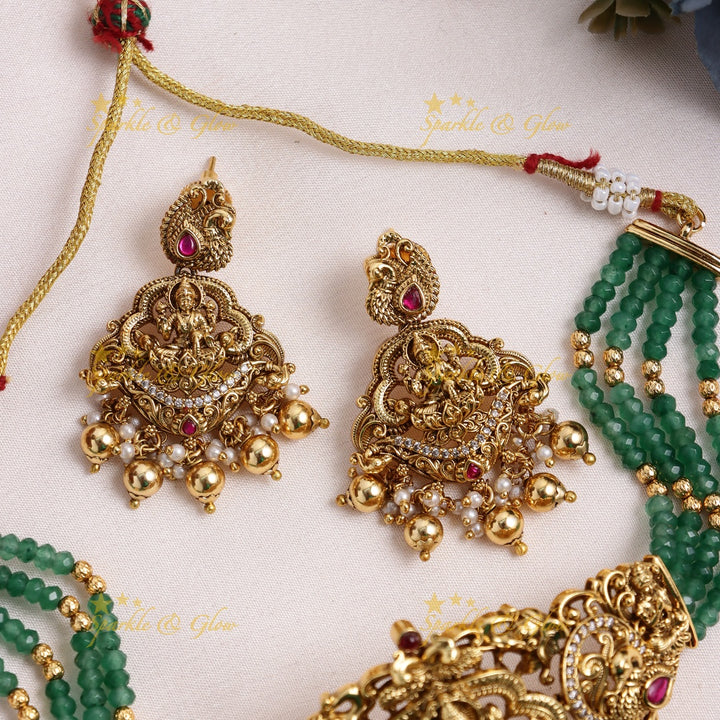 Traditional Lakshmi Temple Choker Set with Gold Balls & Green Beads