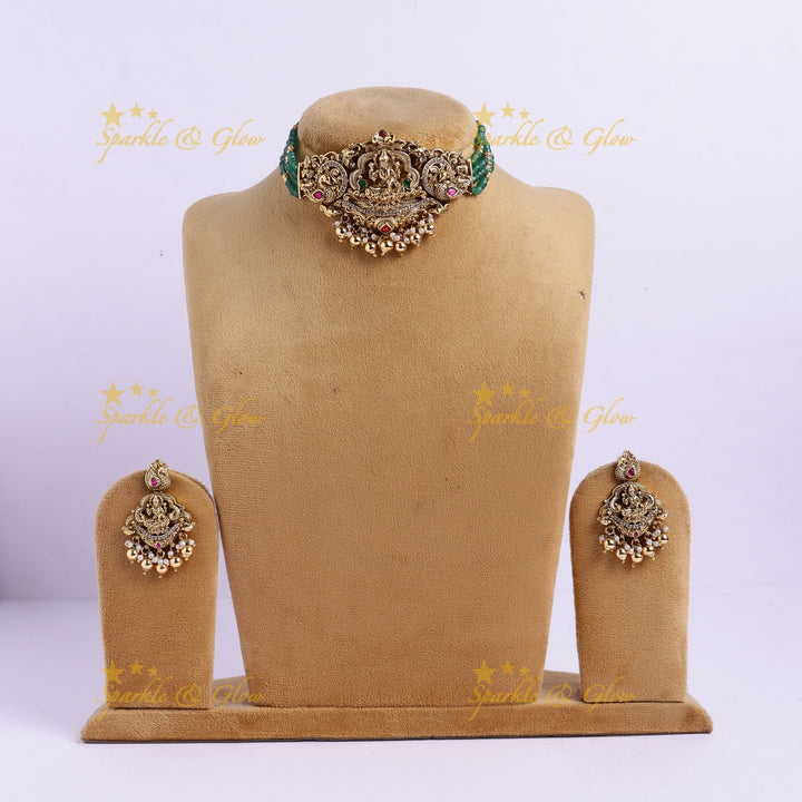 Traditional Lakshmi Temple Choker Set with Gold Balls & Green Beads