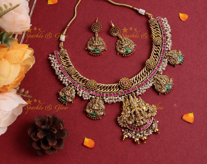 Stunning Idol Lakshmi Peacock Floral carved Jadau short necklace