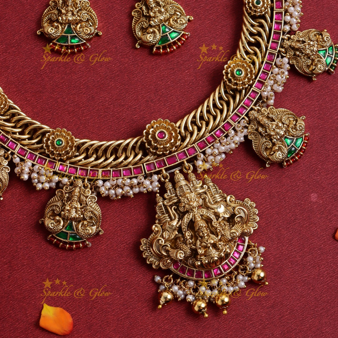 Stunning Idol Lakshmi Peacock Floral carved Jadau short necklace