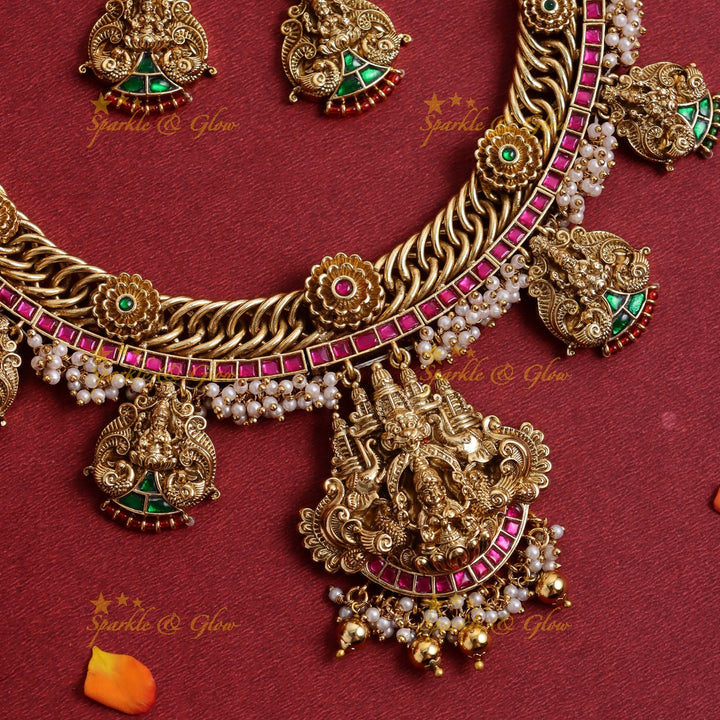 Stunning Idol Lakshmi Peacock Floral carved Jadau short necklace