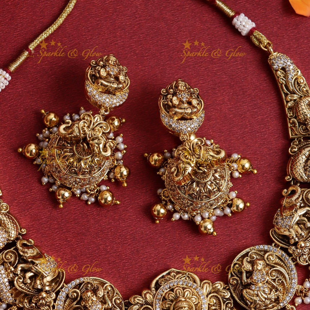 Stunning Gold alike Idol Lakshmi Peacock Elephant carved short necklace
