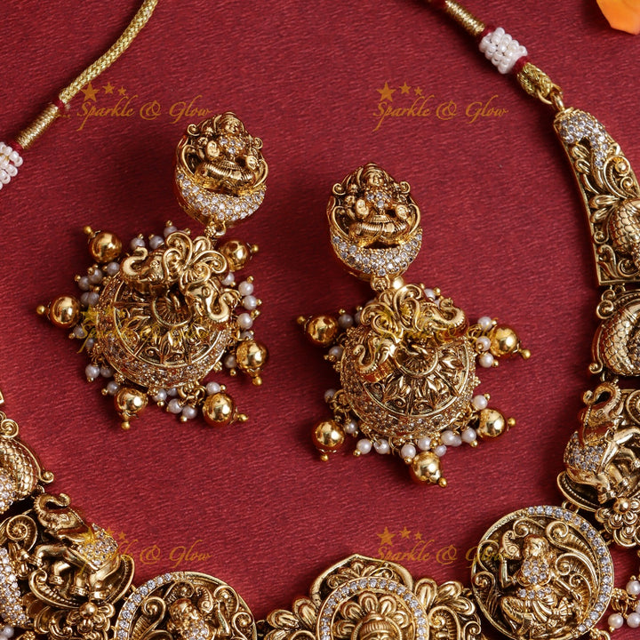 Stunning Gold alike Idol Lakshmi Peacock Elephant carved short necklace