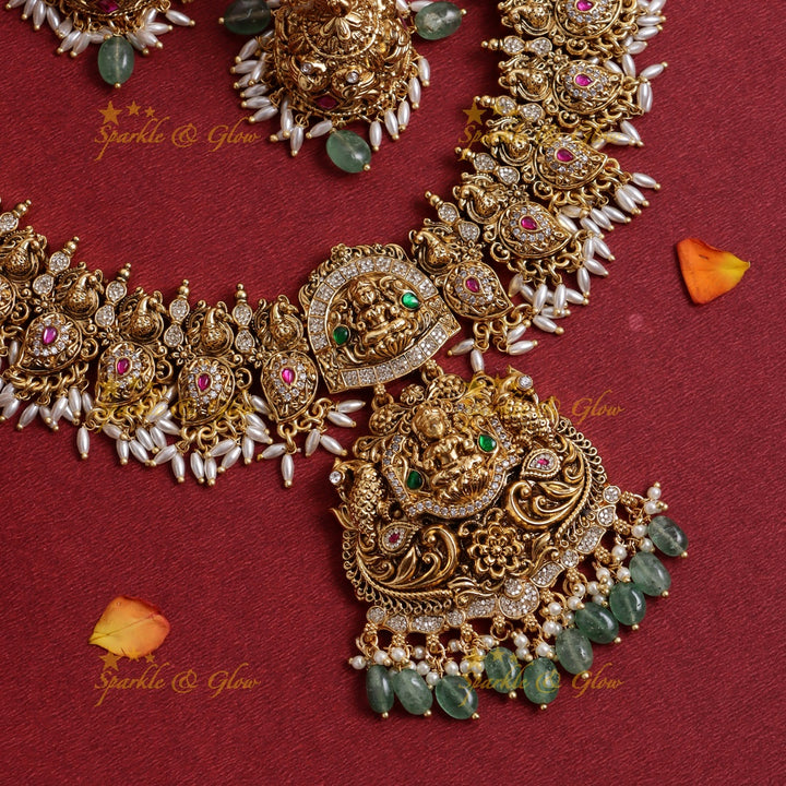 Elegant Idol Lakshmi Peacock Mango carved rice pearl guttapusalu short necklace with cz stones