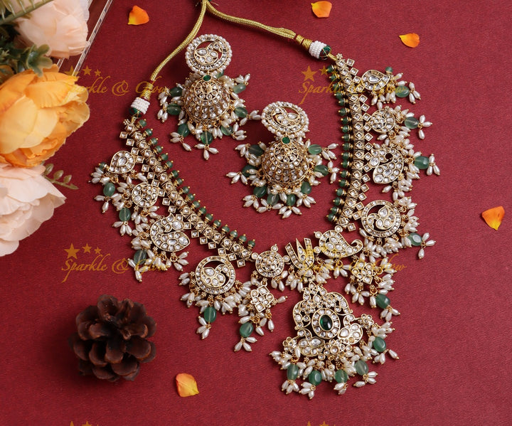 Nita Ambani inspired Stunning Peacock Floral Mango carved rice pearl guttapusalu short necklace