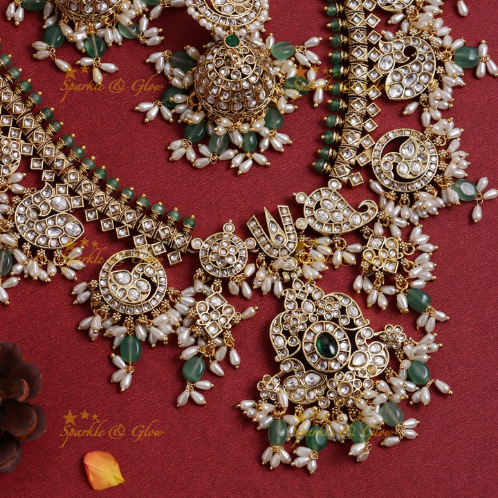 Nita Ambani inspired Stunning Peacock Floral Mango carved rice pearl guttapusalu short necklace