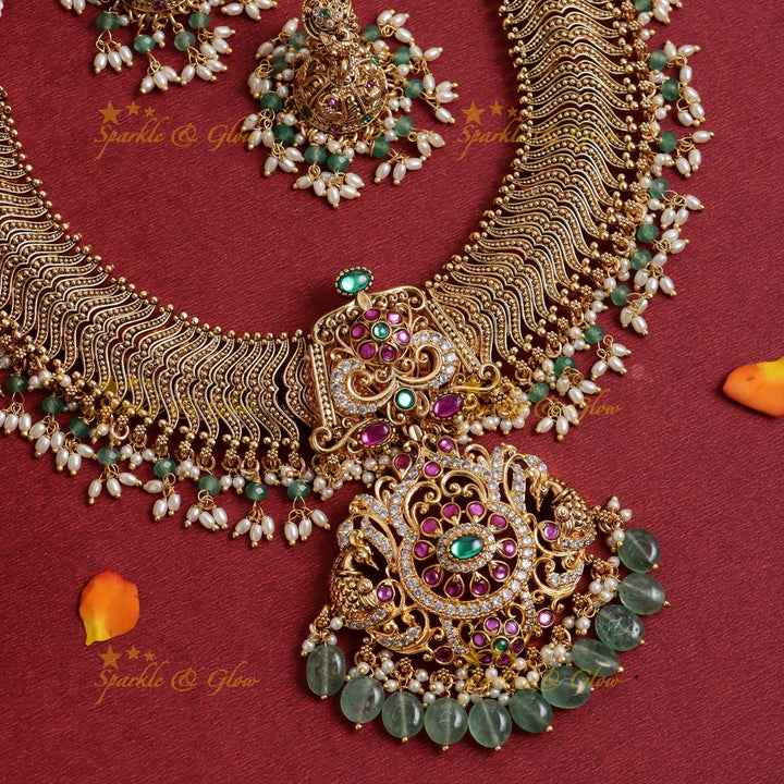 Stunning Jadau Floral pendant carved diamond design short necklace with rice pearls and Mintgreen beads