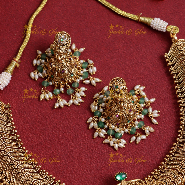 Stunning Jadau Floral pendant carved diamond design short necklace with rice pearls and Mintgreen beads