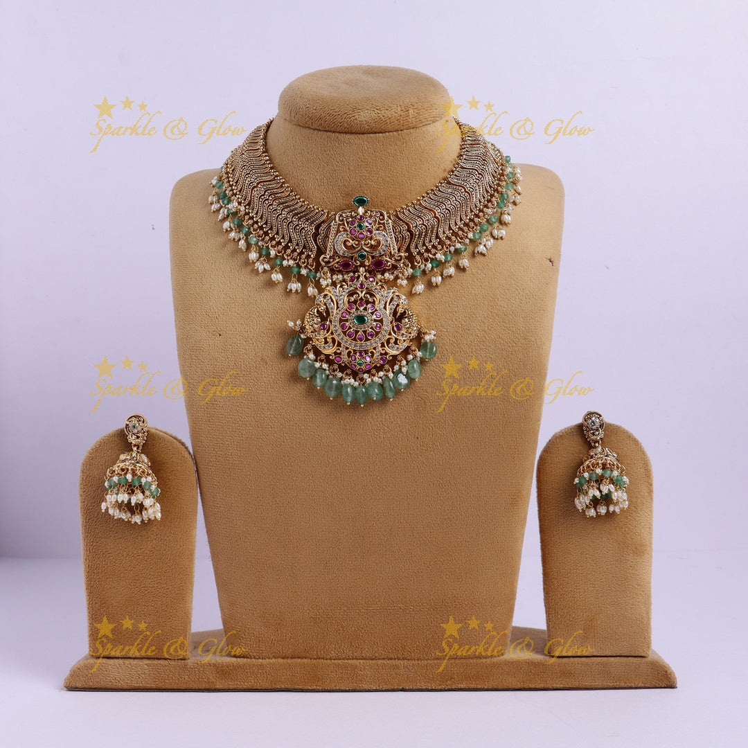 Stunning Jadau Floral pendant carved diamond design short necklace with rice pearls and Mintgreen beads