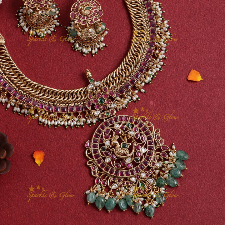 Stunning Peacock Floral Kemp jalebi design short necklace