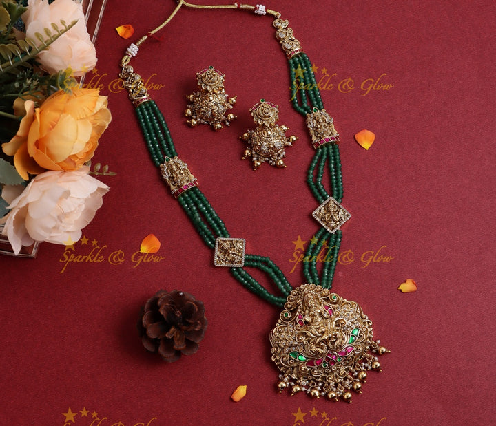 Elegant Lakshmi Peacock pendant carved Jadau Green beads Haram
