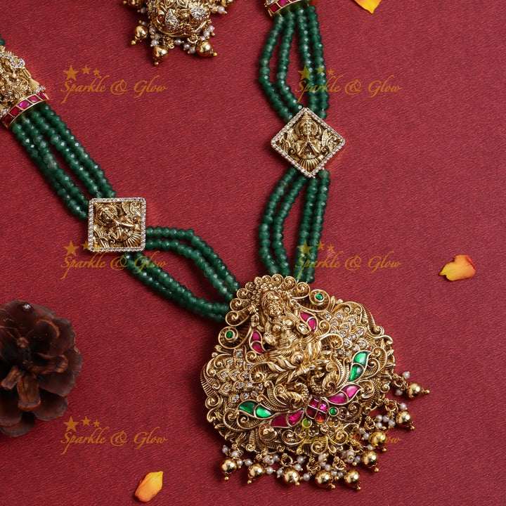 Elegant Lakshmi Peacock pendant carved Jadau Green beads Haram
